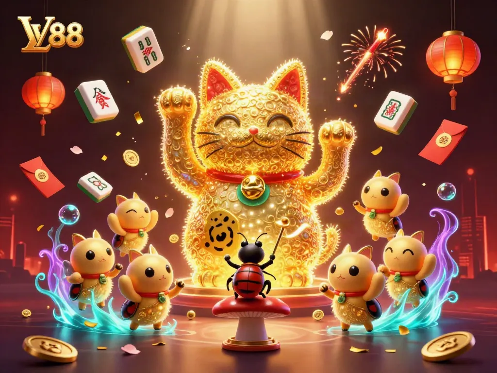 Engage with LV88’s vibrant gaming world featuring a dynamic lucky cat and festive casino symbols.