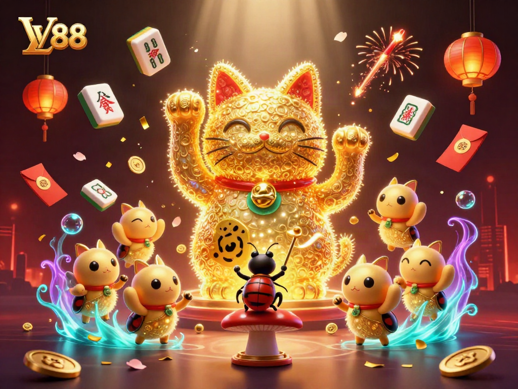Engage with LV88’s vibrant gaming world featuring a dynamic lucky cat and festive casino symbols.