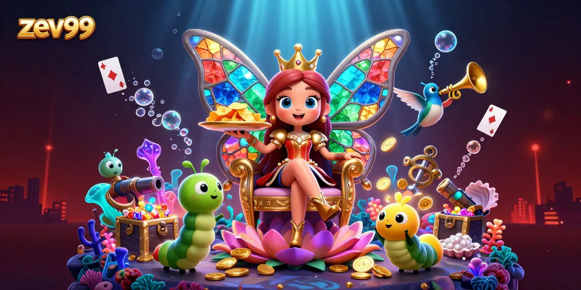 Engage in exciting gameplay at zev99 with the dazzling butterfly queen in a vibrant 3D casino scene.