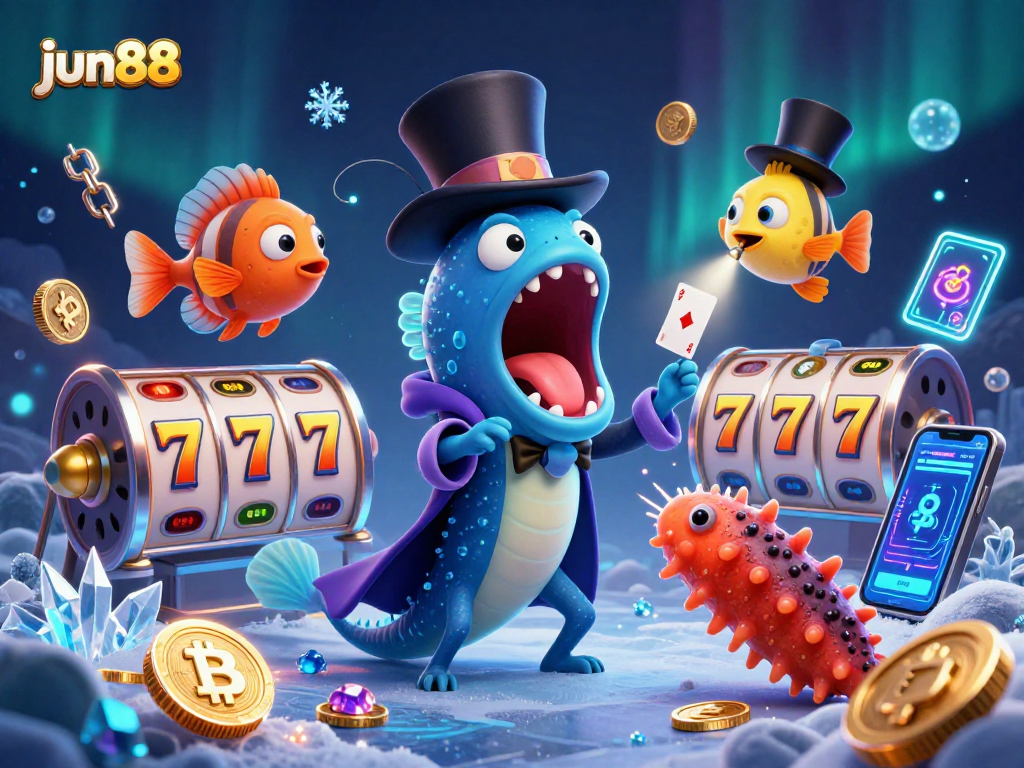 Experience thrilling magic with jun88 as a glowing eel performs card tricks underwater, flanked by crypto coins.