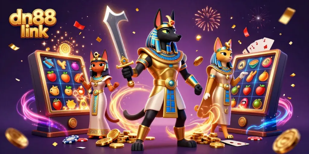 Experience thrilling gameplay with the dn88 link, showcasing an exhilarating casino scene featuring Anubis and Bastet.