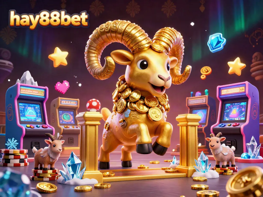 Experience excitement at hay88bet where a golden ram charges through arcade machines, promising thrilling casino action.