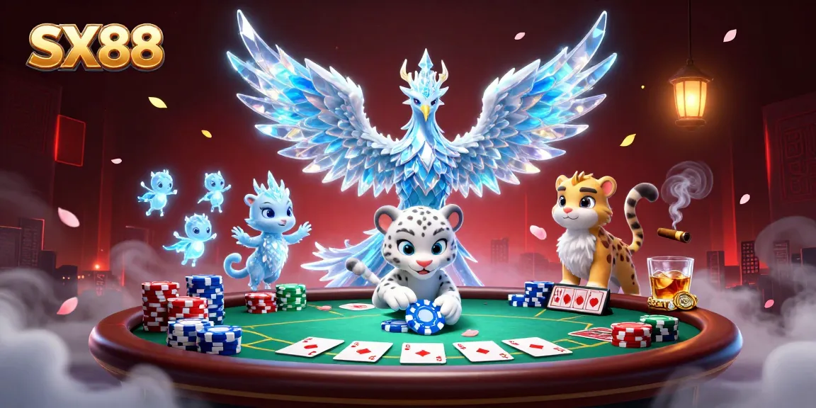 SX88 invites players to join a mystical game scene with an ice phoenix and poker elements.