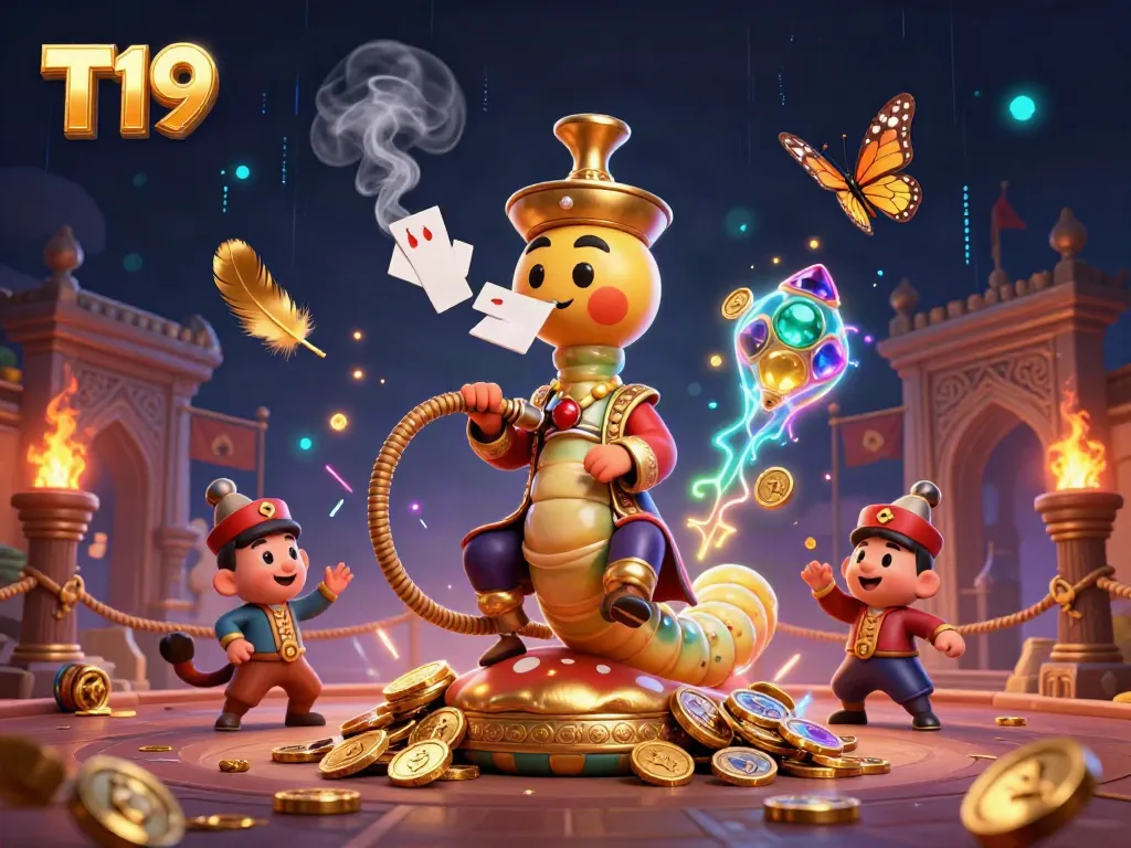 Engage with T19's exhilarating betting world, featuring a vibrant caterpillar hookah-master amid gold coins and poker symbols.