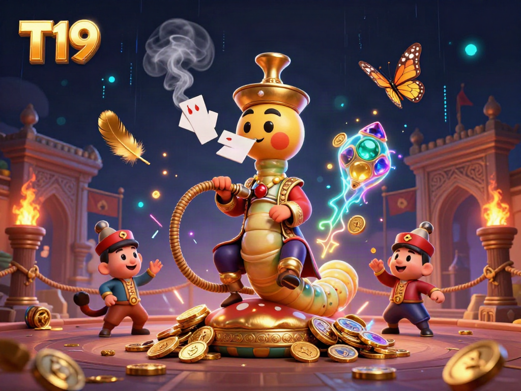 Engage with T19's exhilarating betting world, featuring a vibrant caterpillar hookah-master amid gold coins and poker symbols.