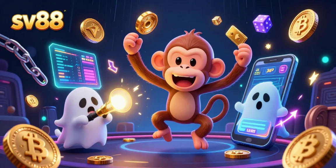 Join the thrilling action at sv88, with a mischievous poltergeist monkey juggling gold and crypto in a haunted casino.