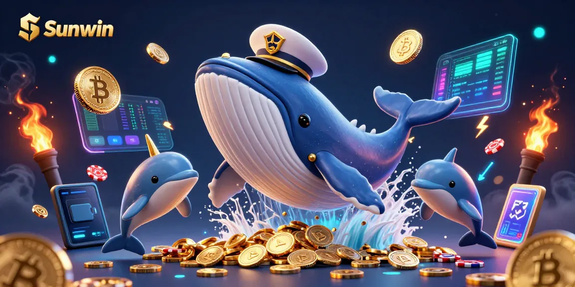 Sunwin presents a fun gaming adventure, with a whale and dolphin engaging in casino play through coins and crypto elements.