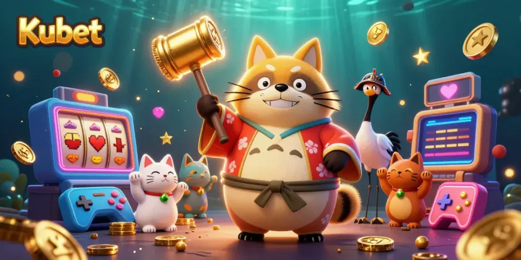 Kubet’s vibrant digital illustration features a cheerful tanuki and crane celebrating with casino elements.
