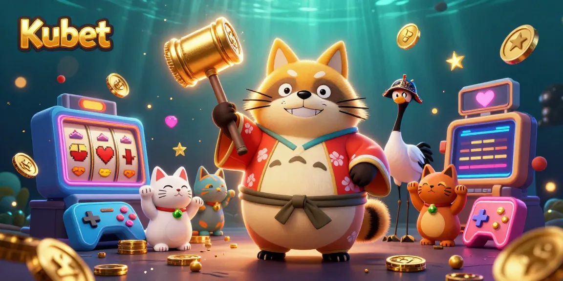 Kubet’s vibrant digital illustration features a cheerful tanuki and crane celebrating with casino elements.
