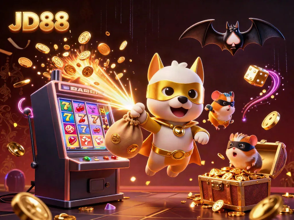 Experience the thrill of JD88 with a dynamic superhero dog in a casino wonderland.