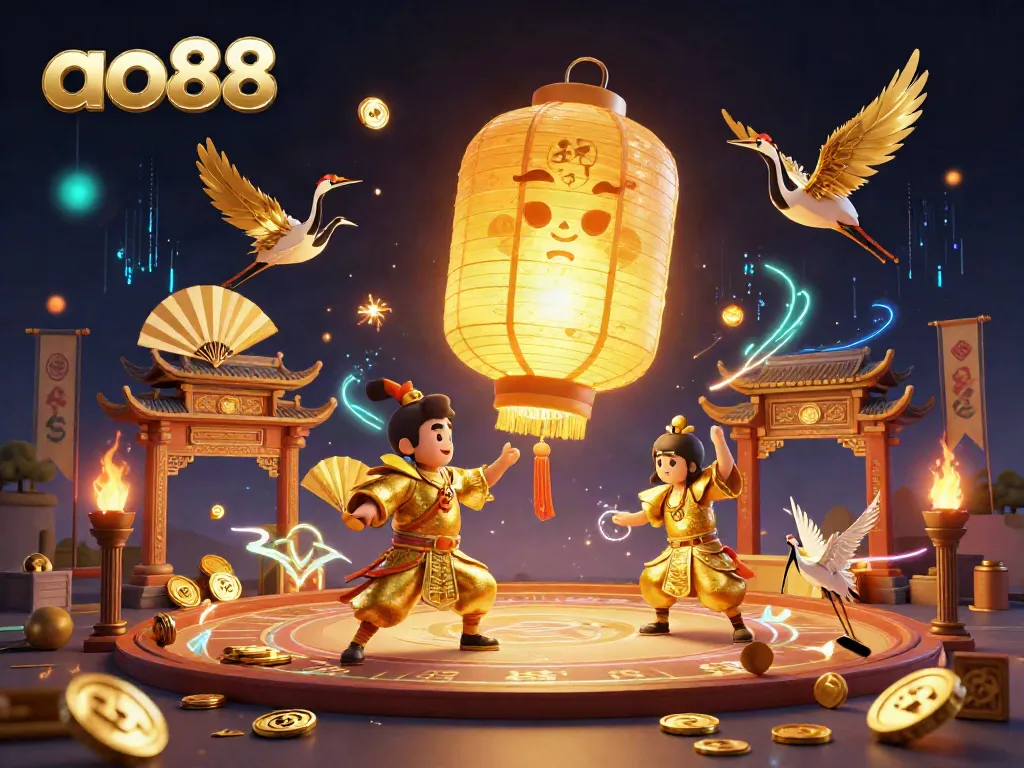 Experience the vibrant world of ao88 with a golden lantern spirit and lucky symbols enhancing your casino journey.