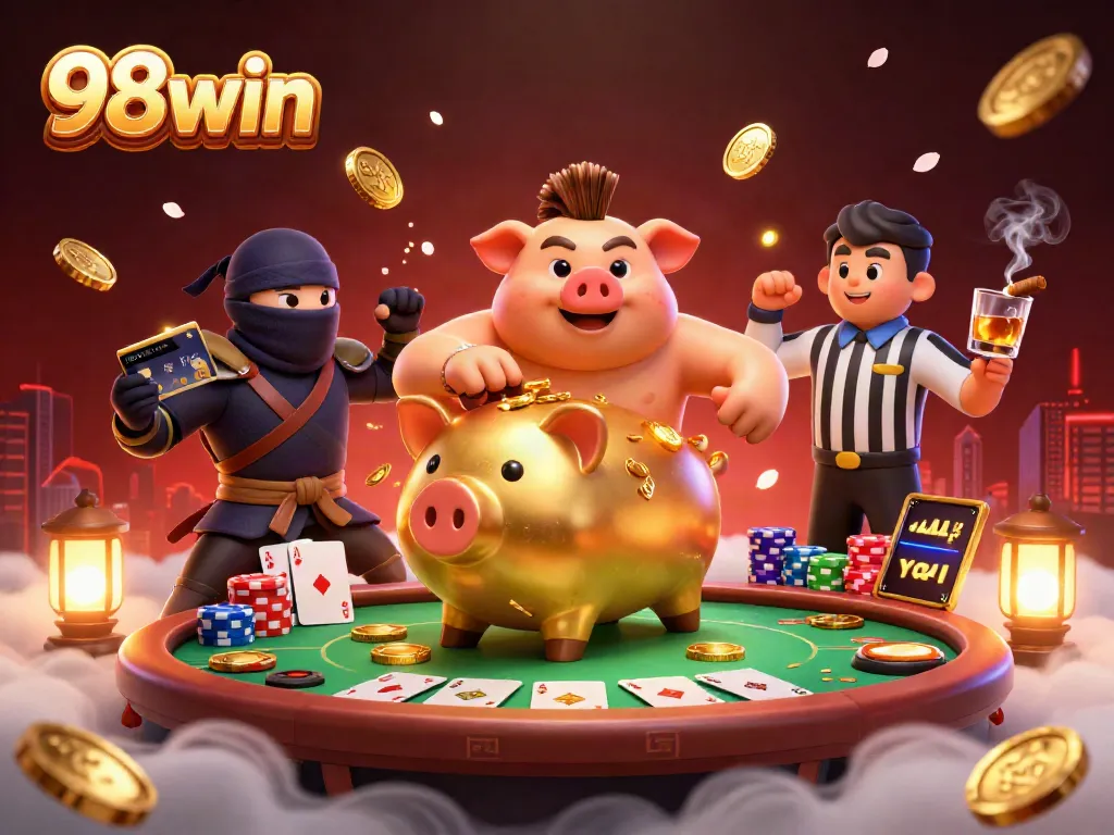 Engage with 98win in a lively casino scene featuring a piggy bank wrestler and dynamic gameplay elements.