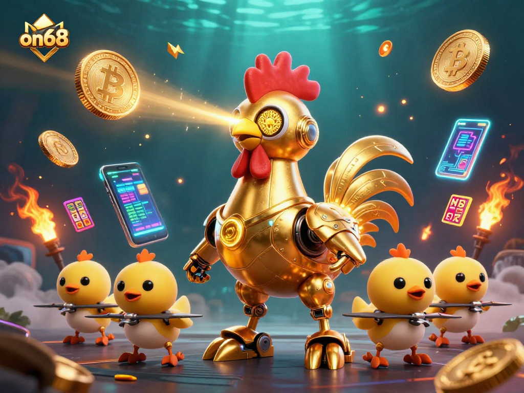 Engage with exciting on68 gaming as the golden rooster robot laser engraves patterns in a vibrant casino scene.