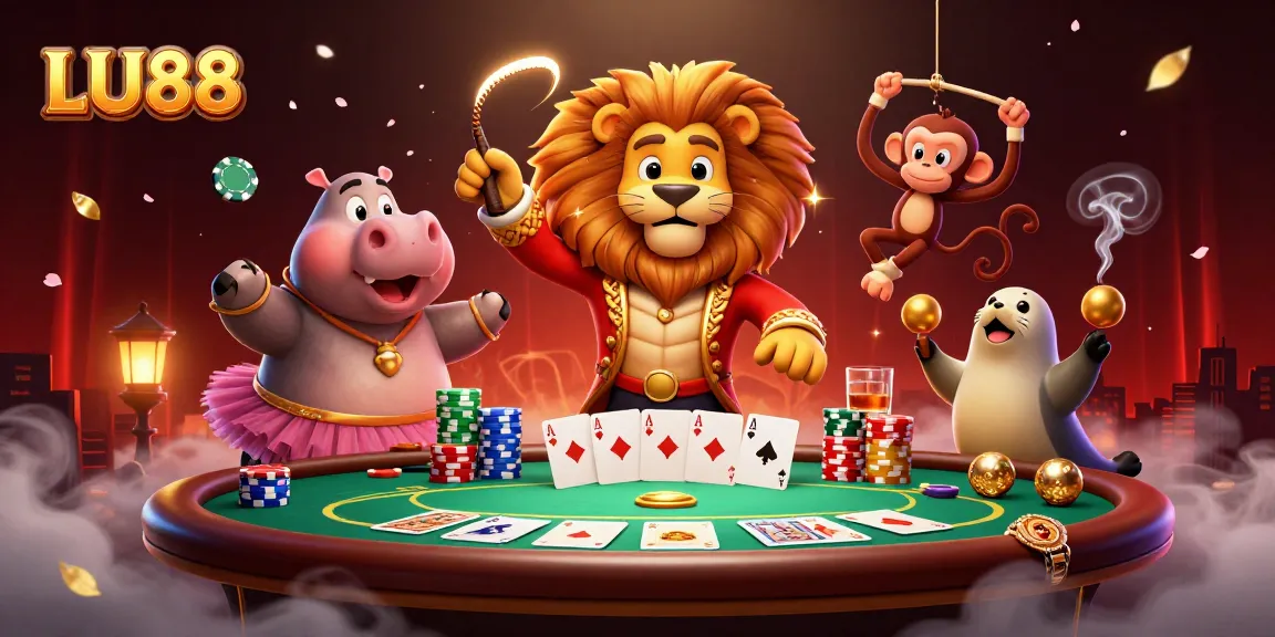 Engage with LU88 in a vibrant casino scene featuring a lion ringmaster and lively game elements.