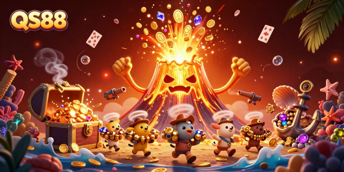 Experience the thrilling QS88 gameplay with a golden volcano erupting treasures and tiny explorers escaping with riches.