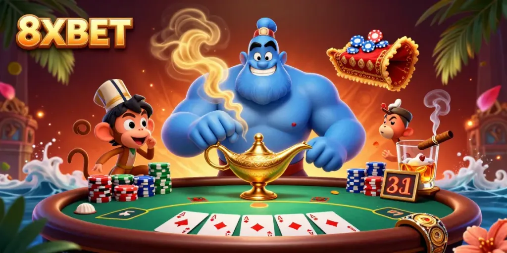 Experience exciting gameplay with 8XBET's vibrant casino atmosphere featuring a genie and poker elements.