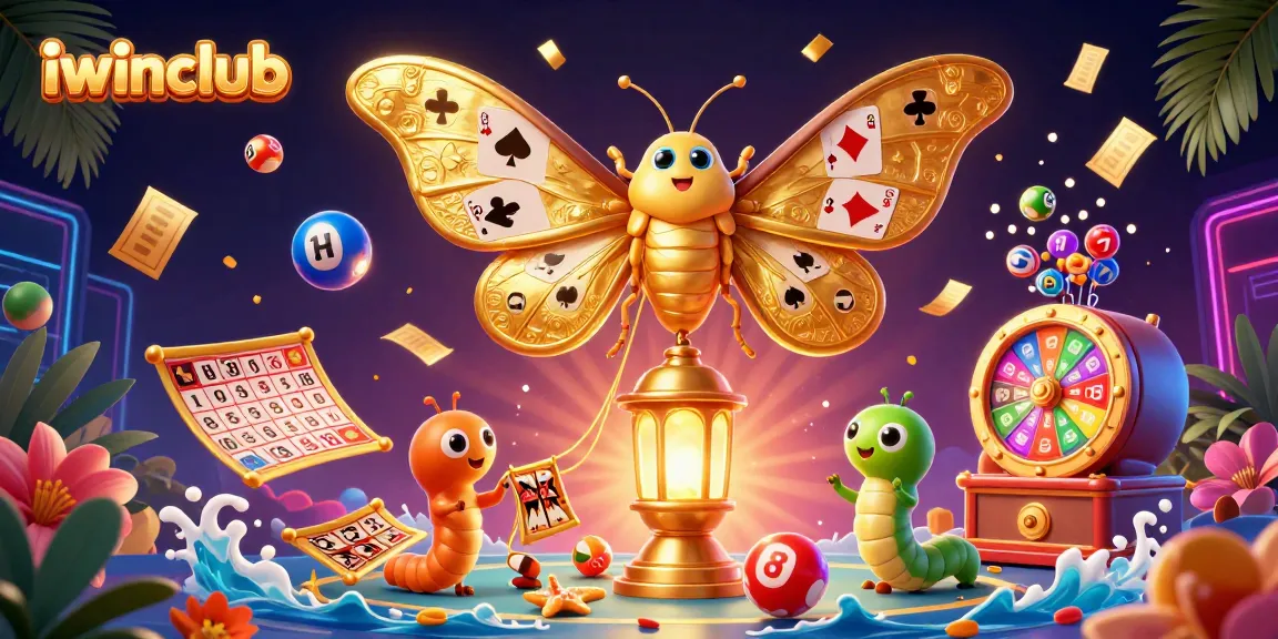 Iwinclub captivates players with colorful lottery balls, vibrant prizes, and a dazzling moth in a rich casino scene.