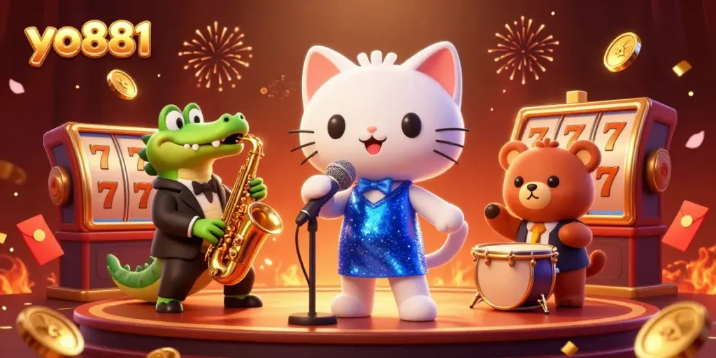 Experience the excitement of yo881 with a lively jazz scene featuring a singing cat, saxophone crocodile, and drum bear, amidst casino imagery.