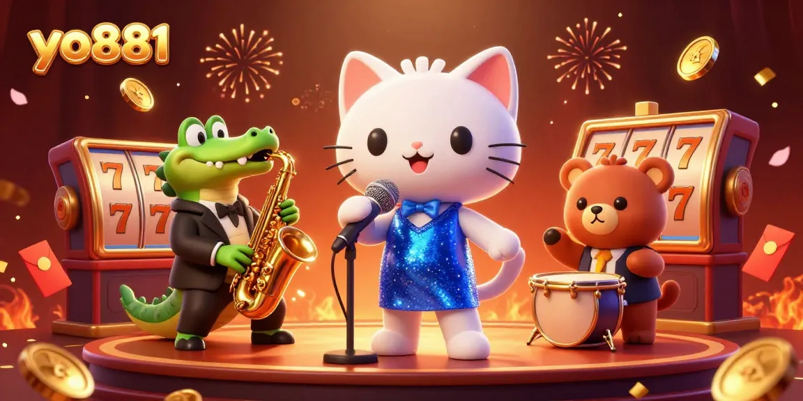 Experience the excitement of yo881 with a lively jazz scene featuring a singing cat, saxophone crocodile, and drum bear, amidst casino imagery.