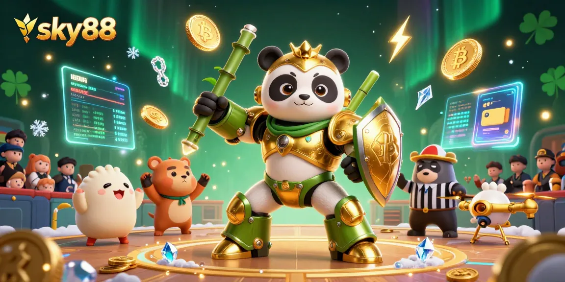 Engage in high-stakes fun with sky88's vibrant 3D digital casino panorama featuring unique characters.