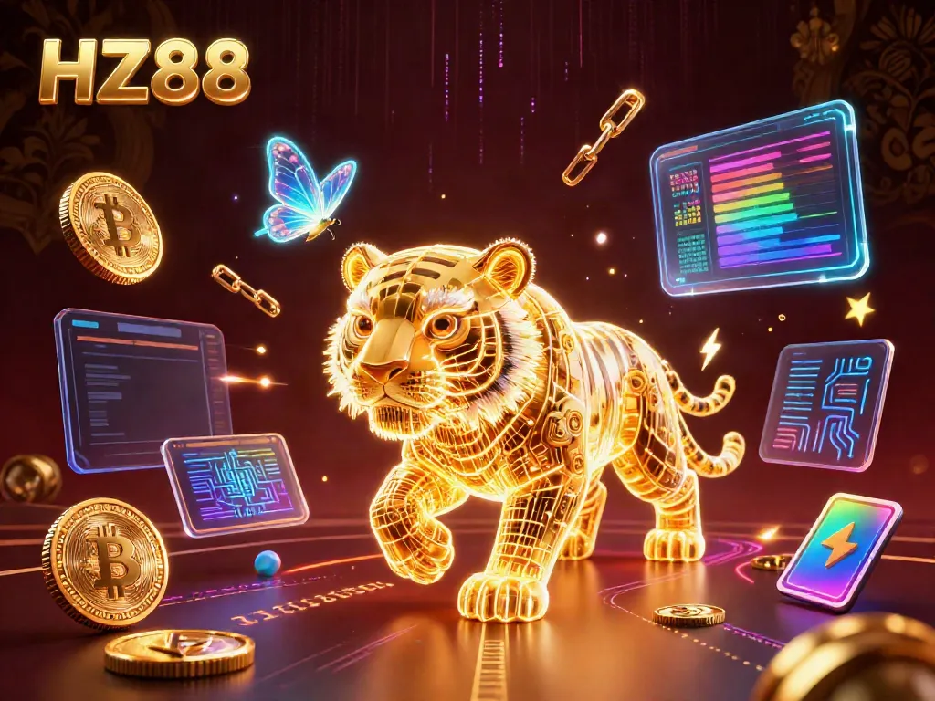 HZ88 showcases a vibrant 3D casino scene with a golden tiger and neon coins, emphasizing immersive gaming experiences.