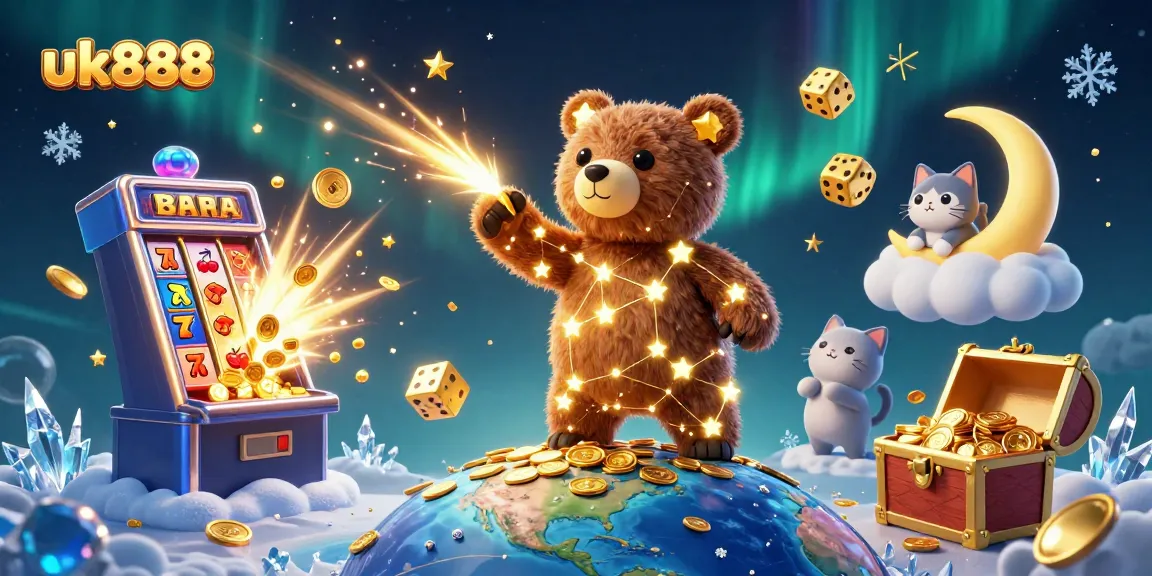 uk888 captures the thrill of winning with a constellation bear scooping coins amidst a jackpot explosion.