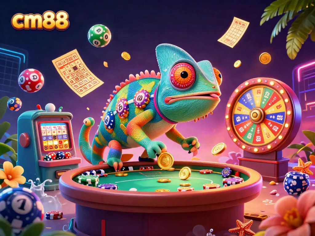 Experience thrilling gaming at cm88 with a vibrant casino scene filled with colorful lottery balls and golden rewards.