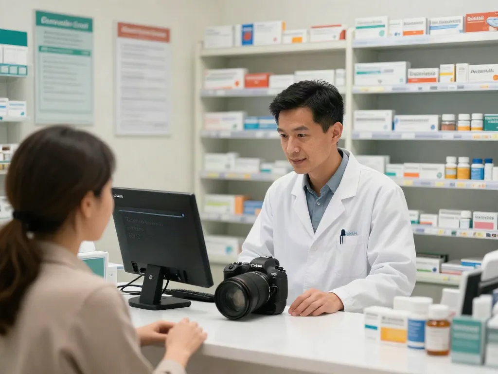 Pharmacist assisting a patient about Tramadol and codiene in UAE in a well-organized pharmacy.