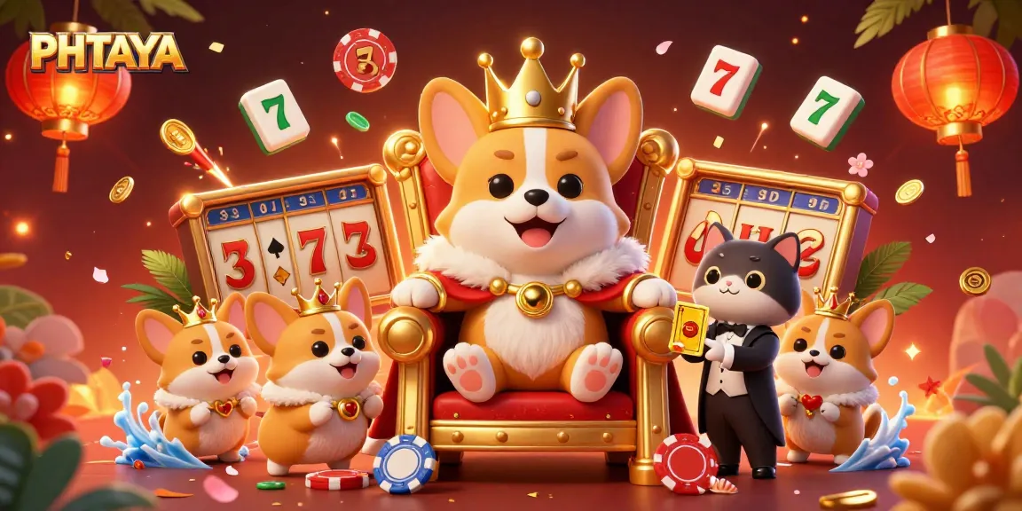 PHTAYA offers exciting casino thrills in this vibrant 3D scene, featuring a royal corgi on a poker chip throne.