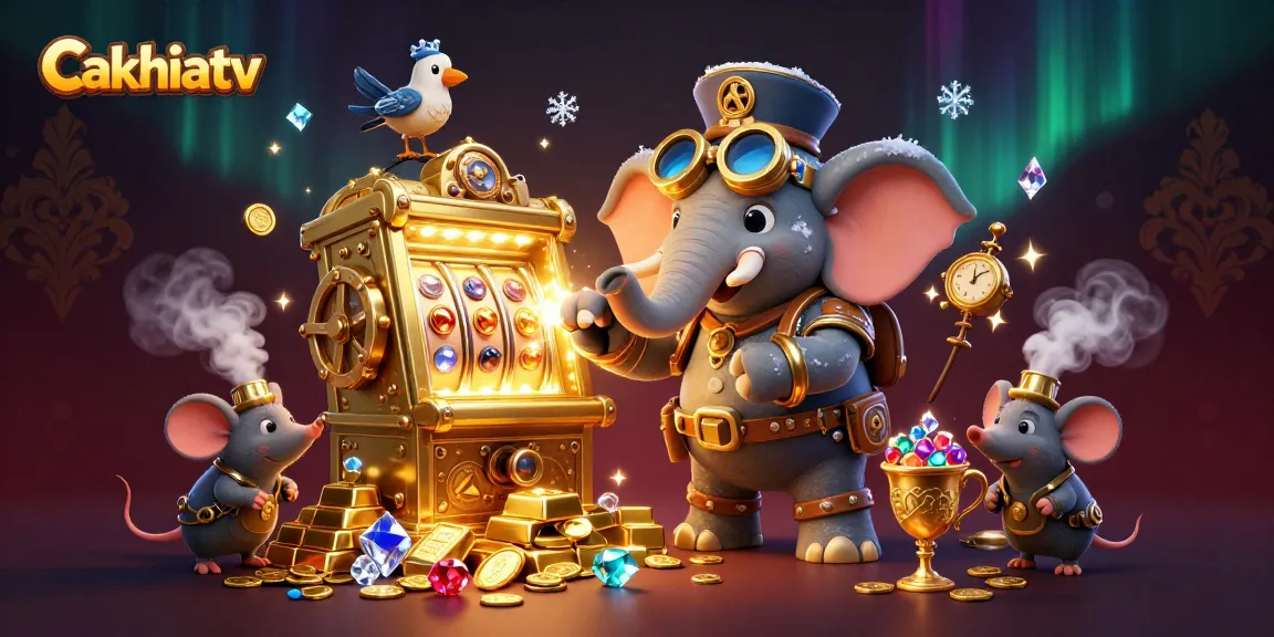Cakhiatv brings excitement with a steampunk elephant operating a golden slot machine in a vibrant casino atmosphere
