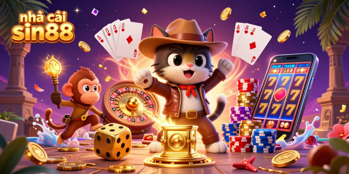 Engage with nhà cái sin88 and explore a vibrant scene featuring a cat archaeologist discovering a golden casino artifact.