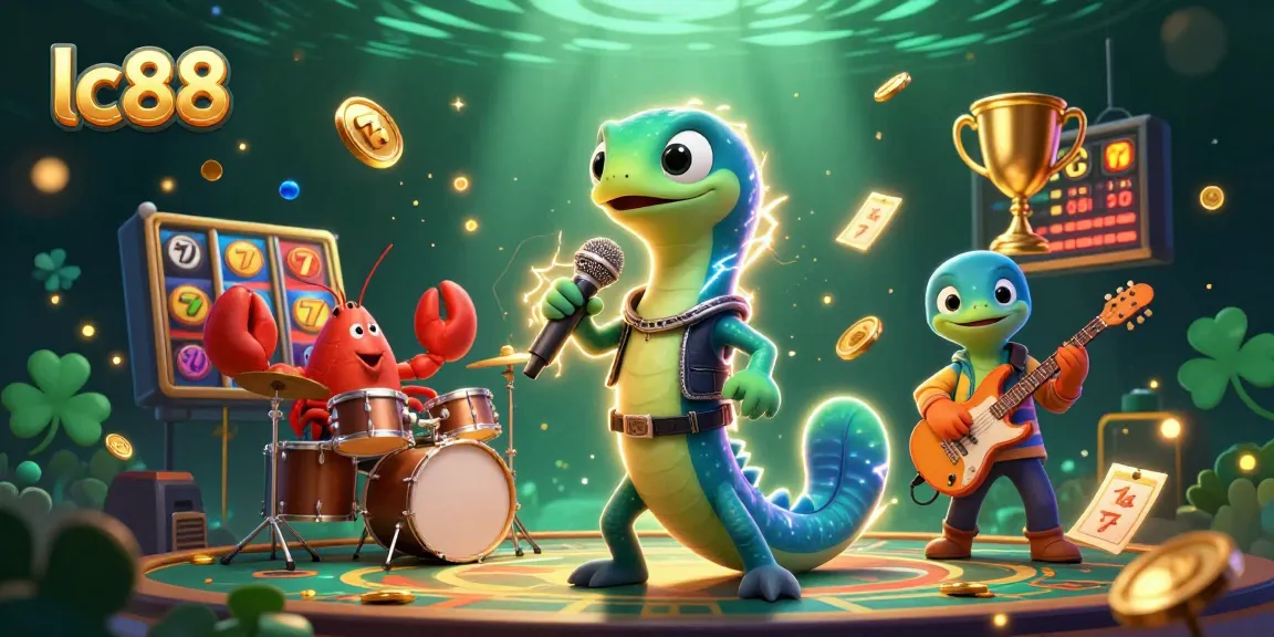 Experience the electrifying charm of lc88 with a DJ electric eel and casino-themed elements in this vibrant illustration.