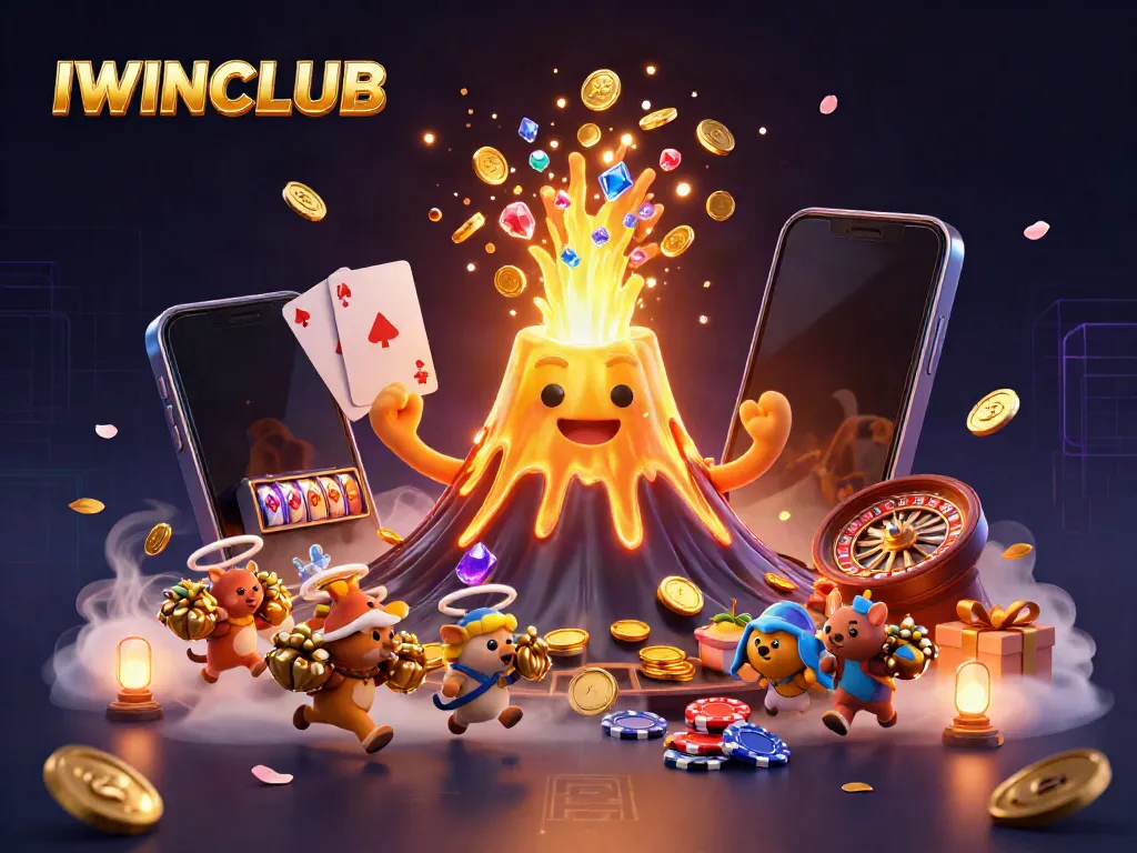 IWINCLUB brings thrills with a golden volcano erupting coins in this vibrant casino illustration.