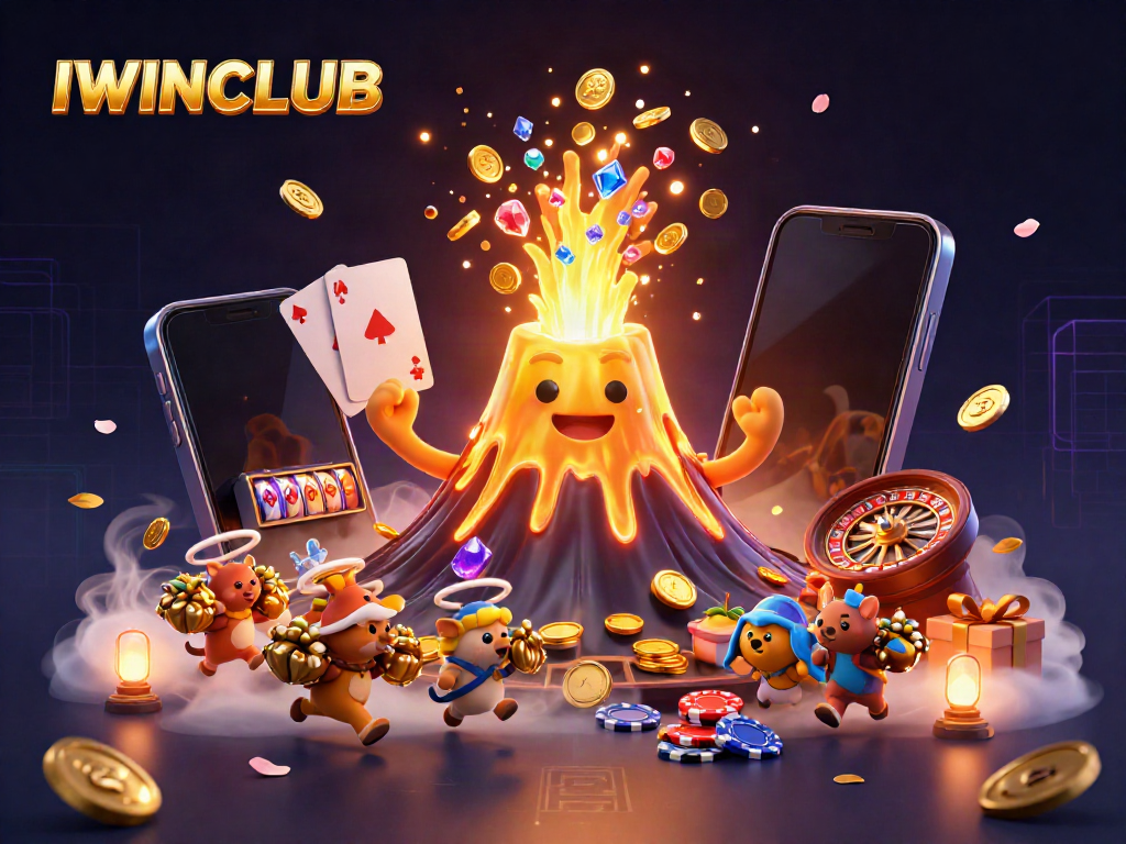 IWINCLUB brings thrills with a golden volcano erupting coins in this vibrant casino illustration.