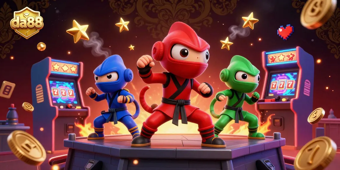 Engage in thrilling casino action with da88 as ninja chameleons perform synchronized martial arts among vibrant game elements.