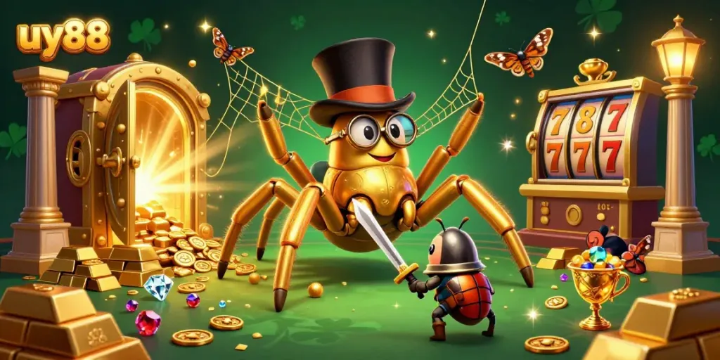 Experience exciting gameplay with uy88 as a golden tarantula weaves a web of riches in a lively casino scene.