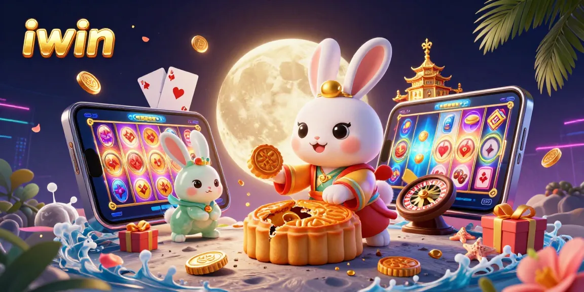 Experience exciting iwin moments with a lively 3D casino scene showcasing the moon rabbit and game elements.