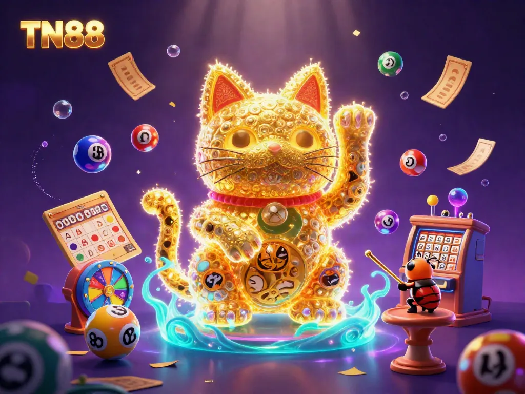 Experience the excitement of TN88 with a lively 3D illustration showcasing a lucky cat and colorful casino elements.