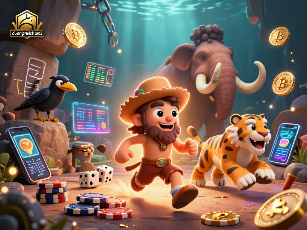 Experience duongmatchuoc2's dynamic casino action with caveman and sabertooth duo amidst glowing crypto coins.
