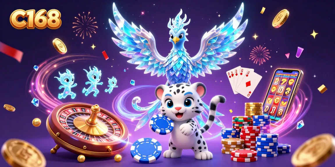 C168 illuminates a vibrant casino scene with a captivating ice phoenix and playful characters.