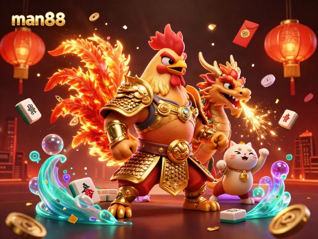 Engage in thrilling gaming moments at man88 with a heroic rooster warrior and vibrant casino elements.