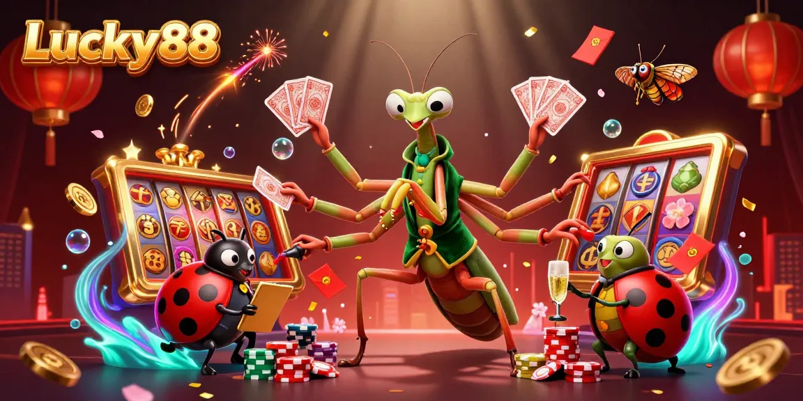 Experience the excitement at Lucky88 with a vibrant scene of casino-themed characters and elements.