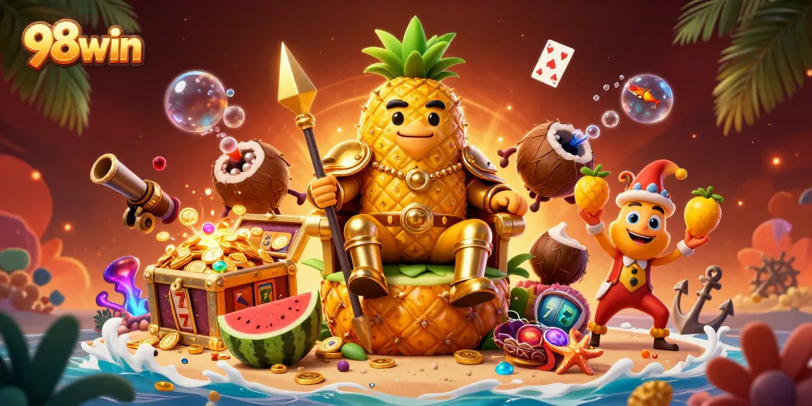 Engage with the vibrant casino atmosphere at 98win, featuring bright game elements and captivating characters.