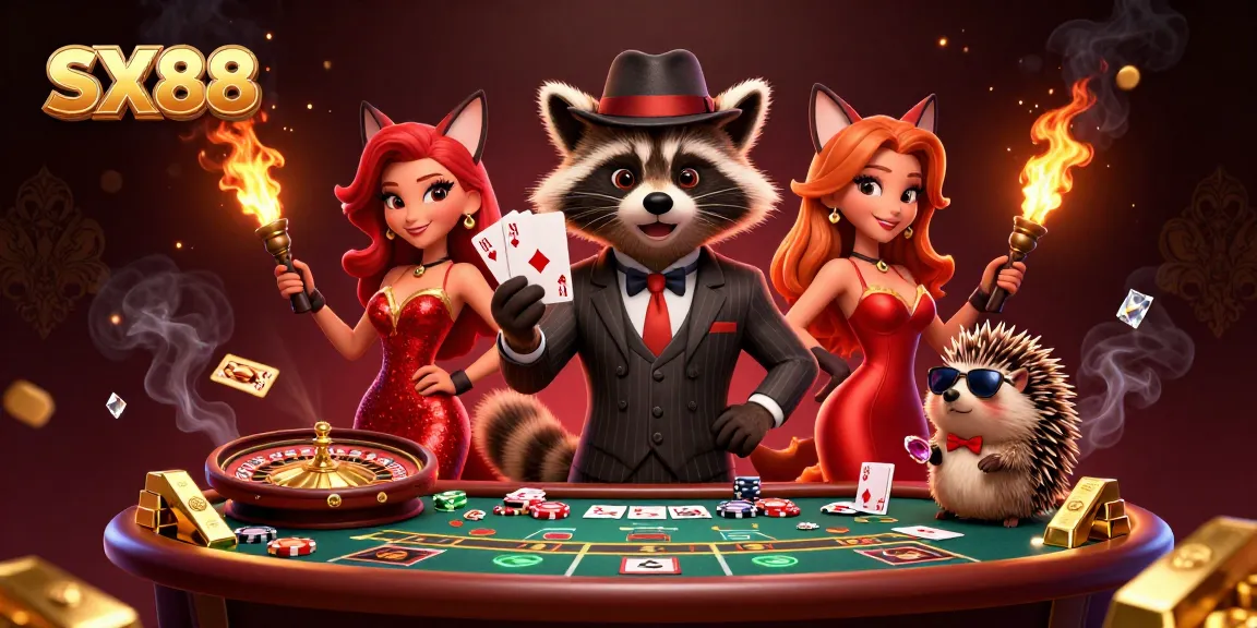 SX88 arcade scene featuring a suave raccoon and a stylish fox at a baccarat table, showcasing elite gambling.