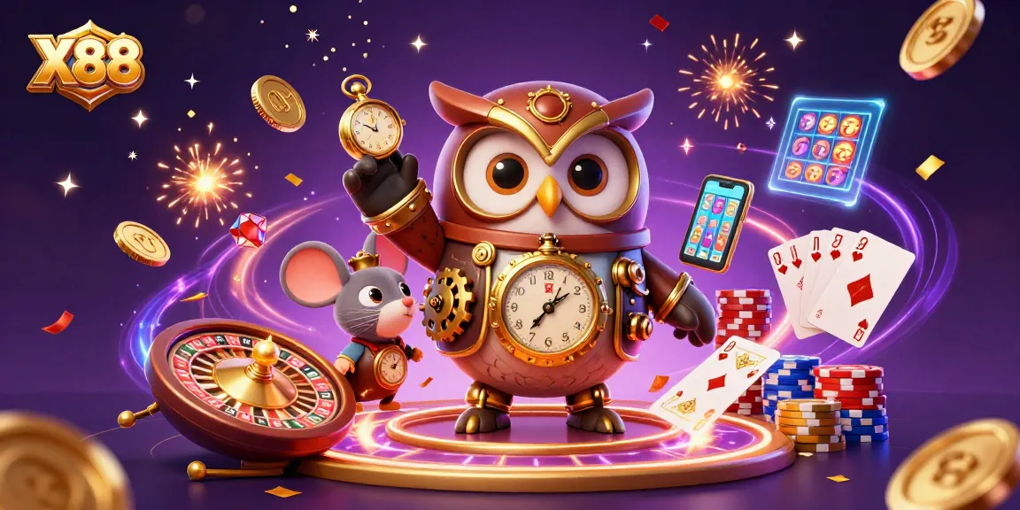 X88 engages players with vibrant casino fun featuring a 3D owl, coins, and games in a colorful atmosphere.