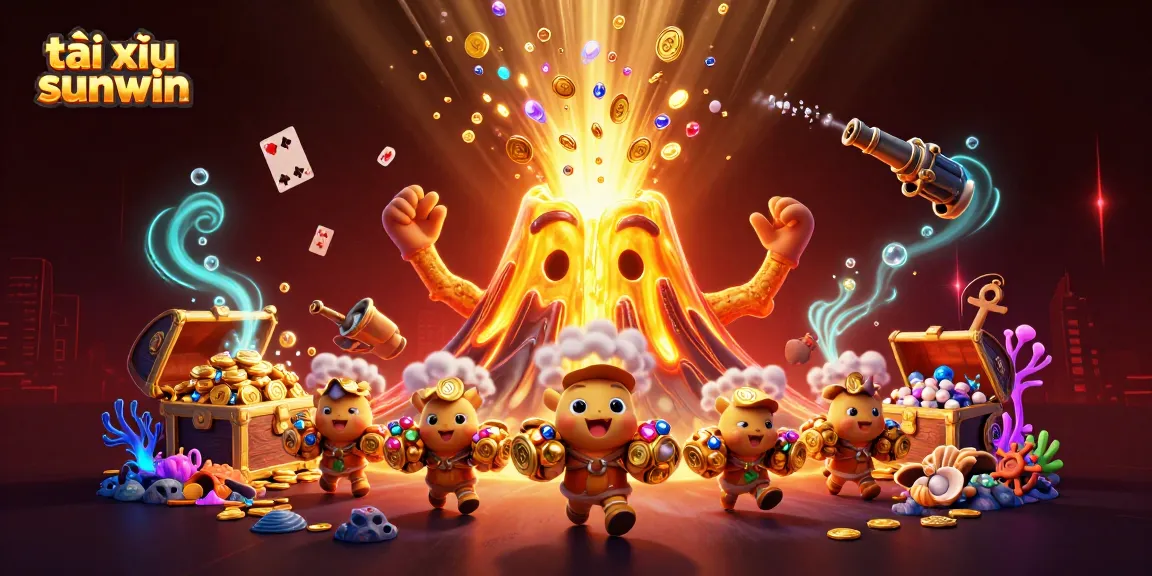 Experience the excitement of tài xỉu sunwin with a dramatic eruption of treasure and vibrant casino elements.