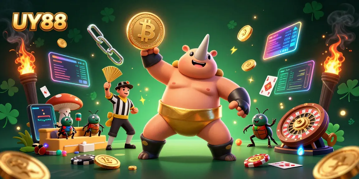Experience UY88 with a vibrant 3D casino scene full of energy, showcasing charismatic beetle characters.