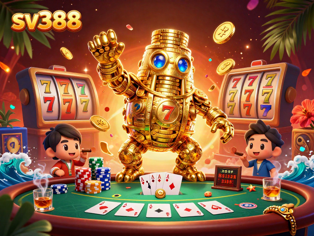 Experience thrilling gameplay with sv388, featuring a dynamic golden golem and vibrant casino elements.