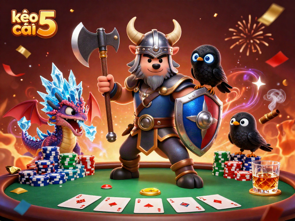 Engage with kèo nhà cái 5 through an exciting 3D illustration featuring a Viking wolf warrior, dragon, and poker elements.
