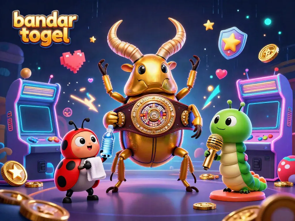 Dynamic scene illustrating a giant golden stag beetle and characters showcasing bandar togel excitement.